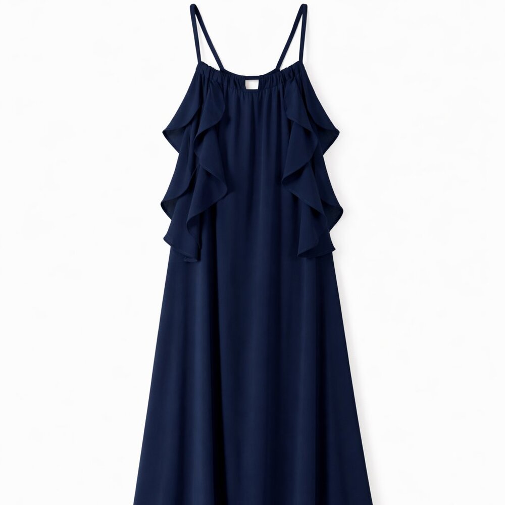 Navy Blue Ruffle Strap Maxi Dress Flowy Boho Formal